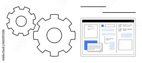 Large gears near a computer interface with task lists, checkboxes, and notes. Ideal for efficiency, planning, productivity, workflow, teamwork optimization technology. Simple flat metaphor