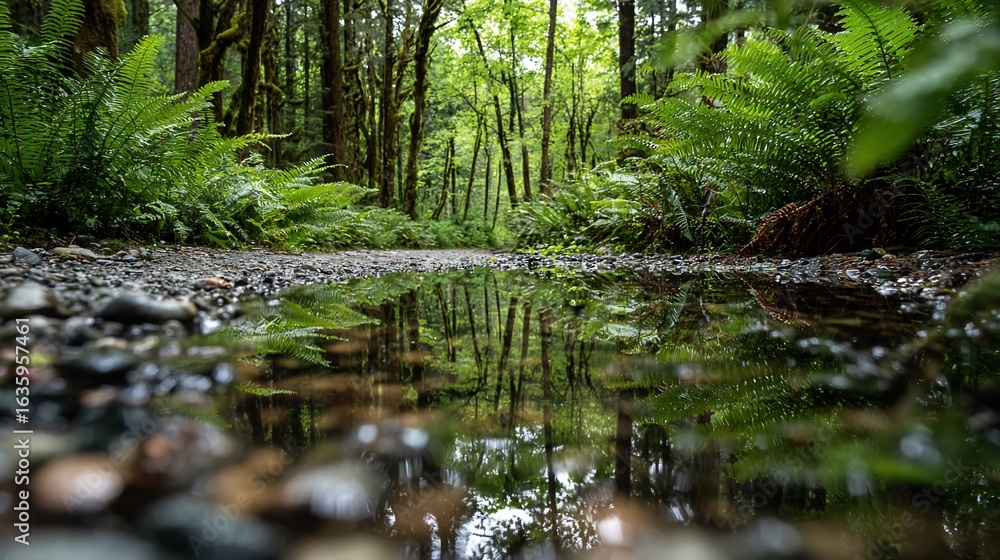 Obraz premium Forest path reflecting trees in a puddle of water on a rainy day, outside