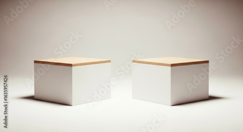 Two isolated white cubes with wooden tops sit against a gradient backdrop