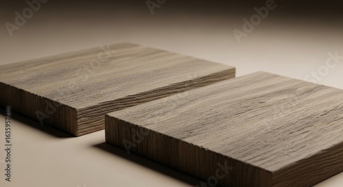 Two textured, light brown wooden square blocks rest on a tan surface