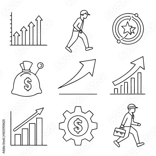 Simple Line Icons Representing Business Growth and Success