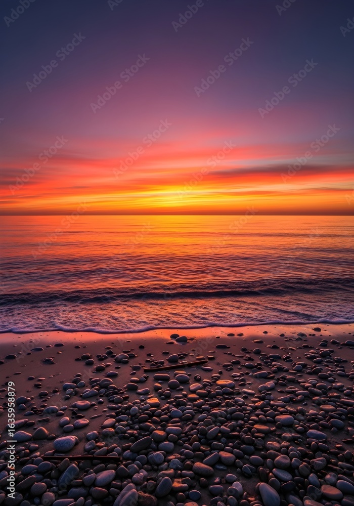 Obraz premium Beautiful sunset over the sea with colorful sky and rocks on the beach at dusk