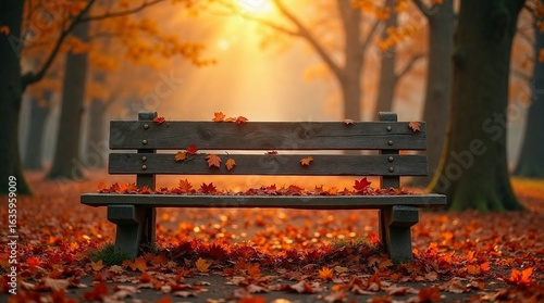 Empty wooden park bench covered with autumn leaves, bathed in warm sunlight. Perfect for fall, nature, outdoor relaxation, and seasonal landscape themes