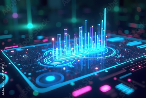 Futuristic holographic interface with graphs and data streams 