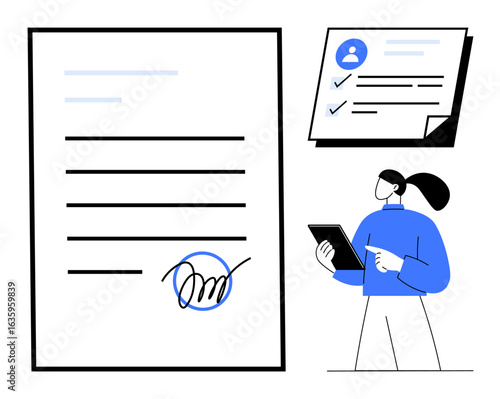 Large signed document with signature, profile verification checklist, and person reviewing data on tablet. Ideal for workflow, agreement, digital process, authentication, legal, management simple