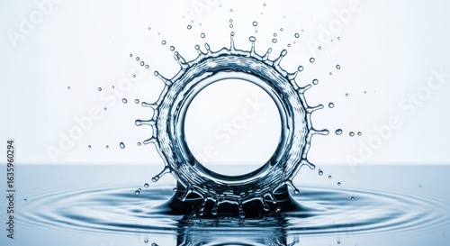 Water splash creates corona, ripples on surface, against plain background