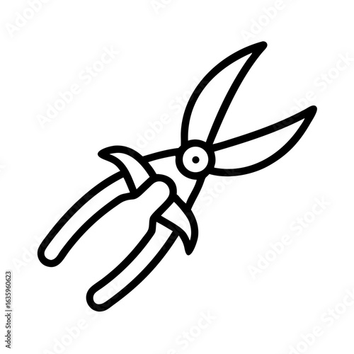 Line art garden shears with curved blades and ergonomic handles  