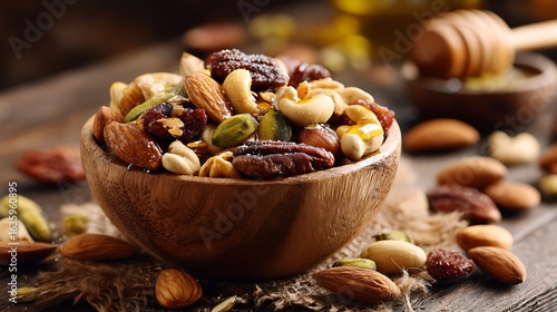 A bowl of mixed nuts and seeds artfully displayed with a hint of honey drizzled on top, representing healthy fats.