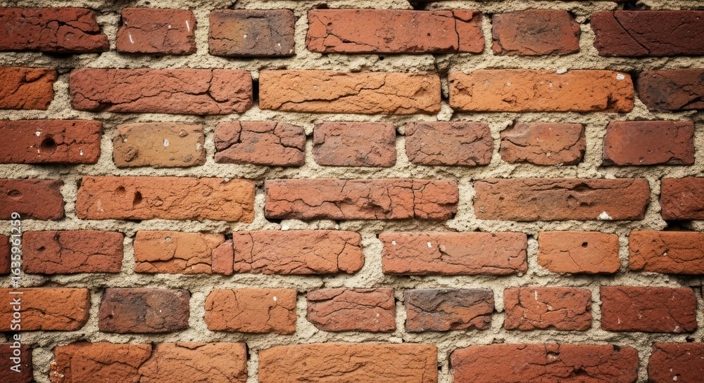 Fototapeta premium Weathered brick wall pattern, red and brown bricks with textured mortar