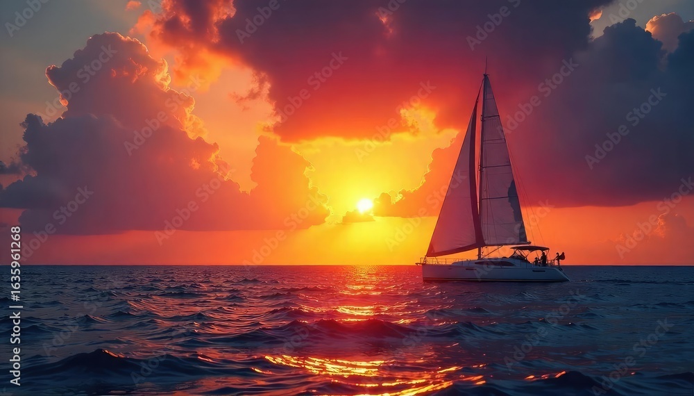 Fototapeta premium Dramatic sunset over a tranquil ocean with a sailboat silhouetted against the fiery sky Perfect for travel, nautical, and adventure themes , orange, yacht