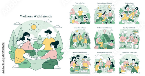 Wellness Activities with Friends Vector Illustration Set