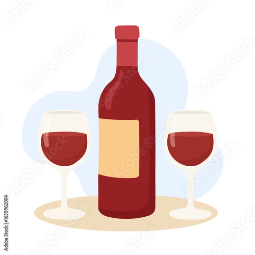 Elegant Display of Red Wine Bottle Surrounded by Two Crystal Glasses, Perfect for Celebrating Special Occasions or Enjoying a Relaxing Evening