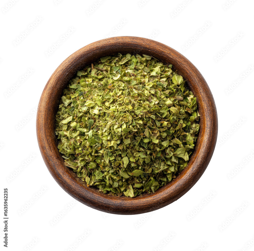 Preparing dried oregano kitchen food bright top-down view culinary use isolated on transparent background, png Preparing dried oregano kitchen food bright top-down view culinary use isolated on transparent background, png