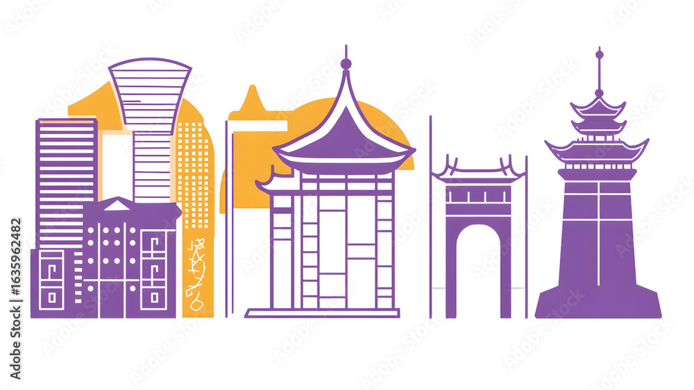 Fototapeta premium Urban architectural landmarks showcasing cultural diversity cityscape illustration modern aesthetic