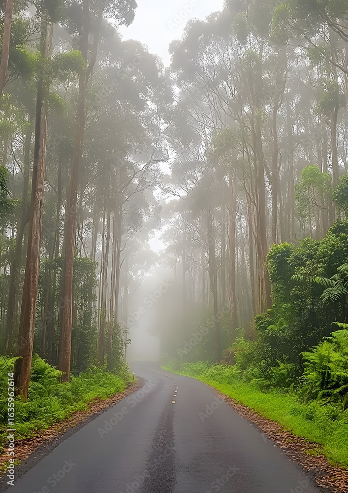 Obraz premium 5. A foggy forest road with tall trees on both sides
