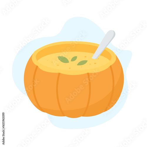 Creamy Pumpkin Soup Served in a Decorative Pumpkin Bowl, Featuring Fresh Herbs and a White Spoon for a Cozy Autumn Meal