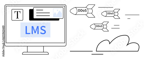Monitor displaying LMS interface while missile-shaped threats labeled DDoS target cloud. Ideal for cybersecurity, online vulnerabilities, IT defense, remote learning safety, cyber threats, digital
