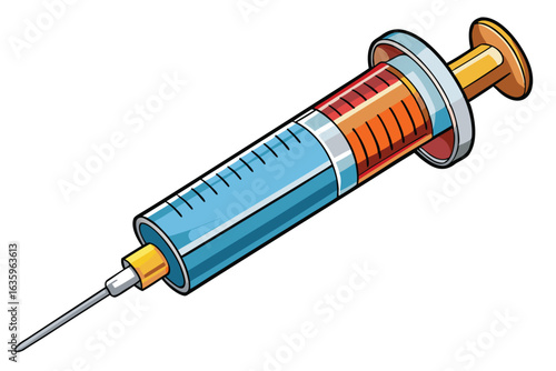 Cartoon Syringe Filled with Orange and Red Liquid Ready for Injection into a Patient in a Medical Setting