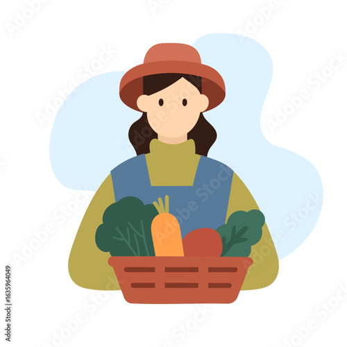 A Person Holding a Basket Filled with Fresh Vegetables and Fruits, Portrayed in a Simple Yet Colorful Style that Celebrates Healthy Living and Gardening.