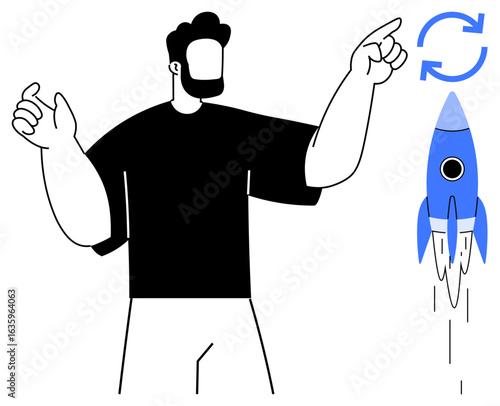 Bearded man engaging with blue rocket launch and refresh arrow. Ideal for startup, success, innovation, progress, reboot, business growth, and future development simple flat metaphor