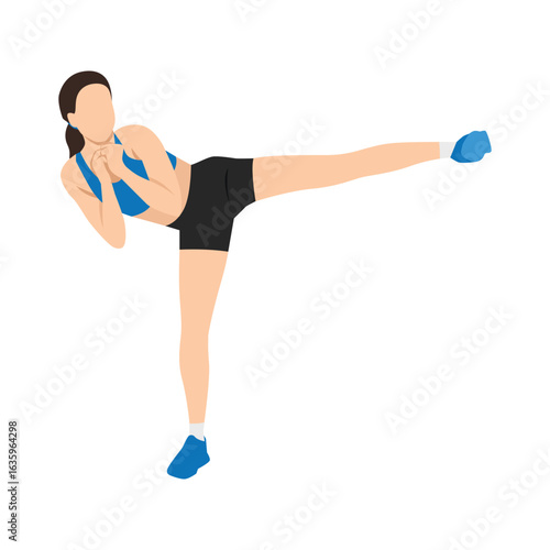 Woman Performing Side Kick. is executing a high side kick, Showcasing martial arts technique. Flat vector illustration isolated on white background