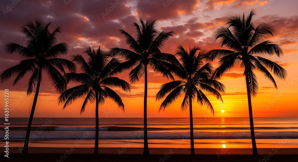 Obraz premium Silhouetted palm trees against a vibrant sunset sky over the ocean at a tropical beach