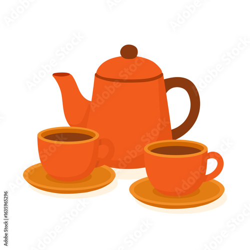 A Vibrant Orange Teapot Accompanied by Two Matching Cups, Perfectly Positioned on Saucer Plates, Evoking a Cozy Tea Time Atmosphere
