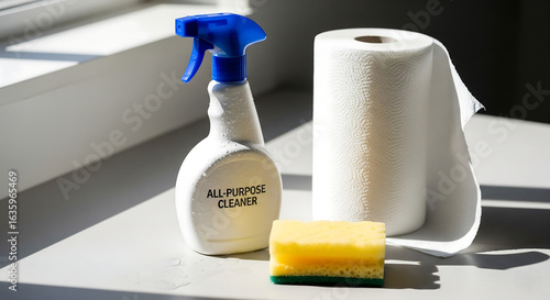 cleaning supplies on white