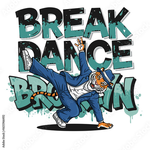 Cartoon Tiger Breakdancing in Blue Suit with Urban Graffiti Background in Colorful Style
