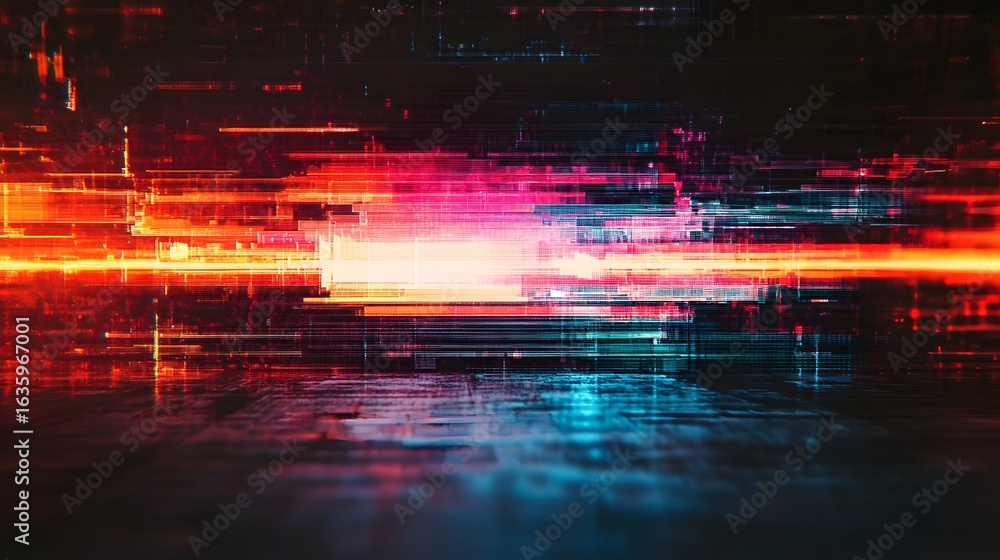 Obraz premium A mesmerizing abstract background featuring digital motion blur glitch and neon light effects This dynamic and futuristic image creates a captivating visual experience with its vibrant colors