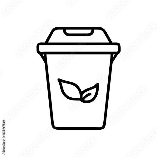 Recyclable waste bin with leaf symbol on white background  