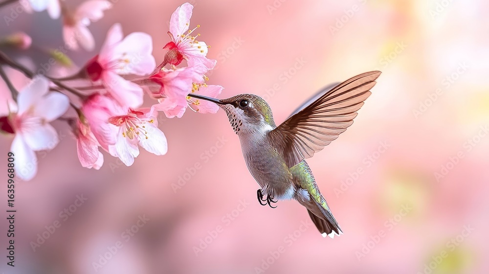 Naklejka premium Graceful Hummingbird Dancing Among Delicate Pink Petals, Nature s Symphony of Beauty and Life.