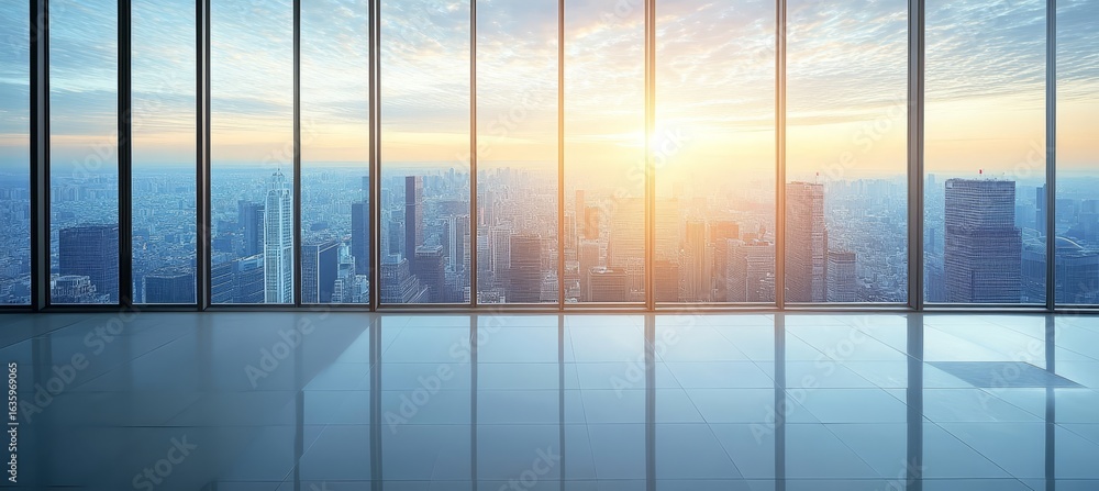 Fototapeta premium Modern Business Interior with City View and Morning Sunlight Streaming Through Large Office Windows
