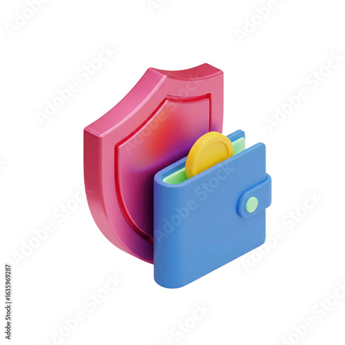 A 3D icon representing financial security, showcasing a wallet and coin protected by a large shield to symbolize safe payments and asset protection.