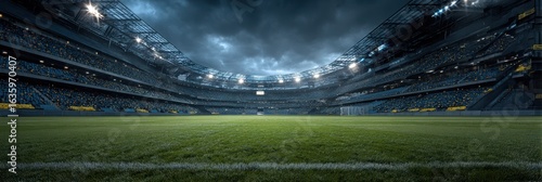 Stadium features lush grass and towering stands under overcast sky during early evening in the heart of a city