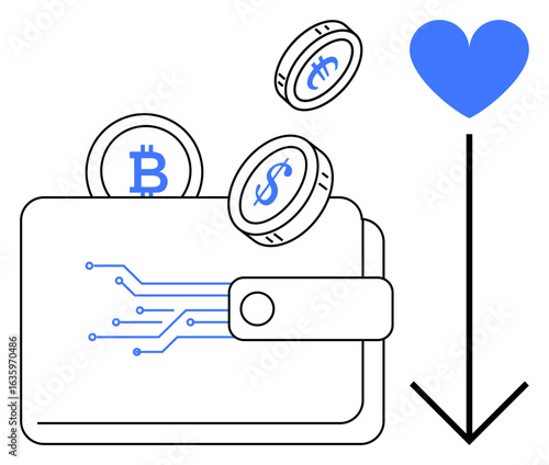 Wallet with circuit design, Bitcoin, dollar coins, and arrow with heart icon. Ideal for cryptocurrency, fintech, charitable giving, online donations, digital payments technology simple landing page