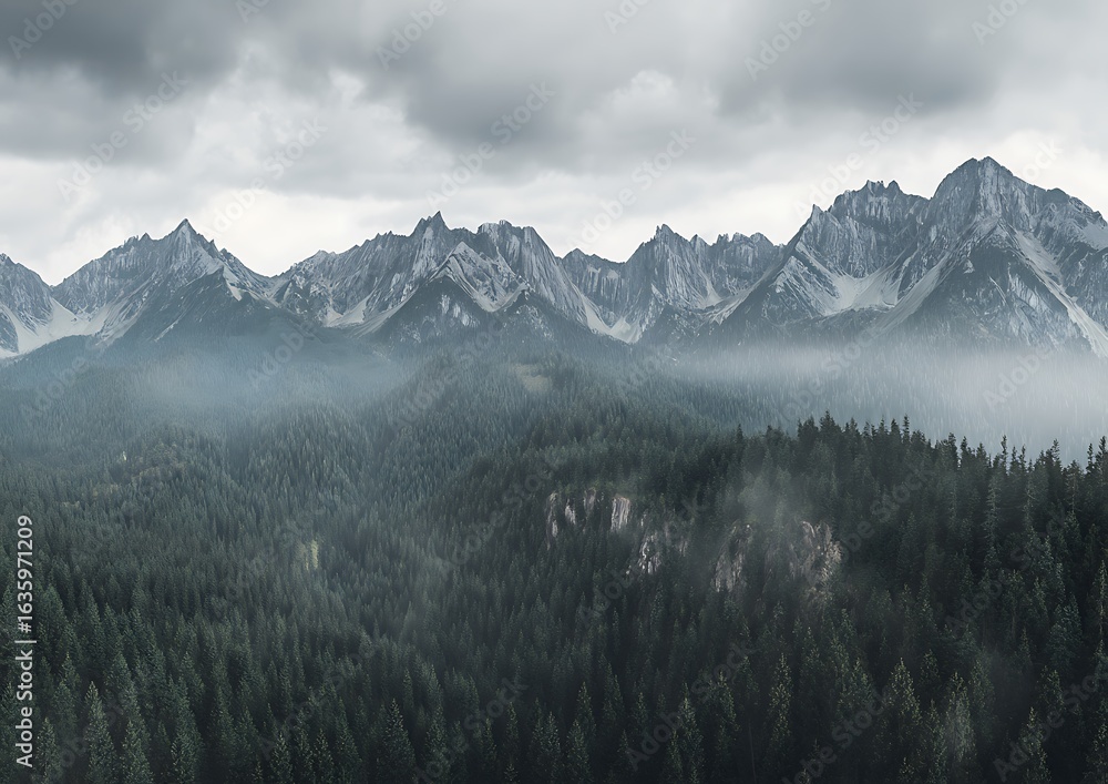 Obraz premium Overcast mountains and dense forest landscape