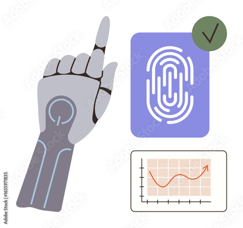 Robotic hand pointing toward fingerprint scanner with checkmark, data graph showing trends. Ideal for technology, AI, biometrics, robotics, innovation, data security future trends. Simple flat