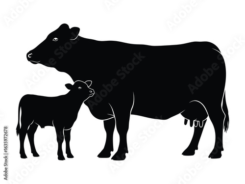 Mom and Calf Silhouette: An artistic silhouette depicts a tender moment between a mother cow and her calf, showcasing the bond in a minimalist graphic design.