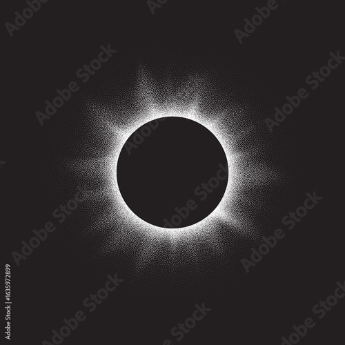 Vector illustration of a full solar eclipse. The sun is obscured by the moon, creating a glowing ring of light with soft gradients .Cosmic design for science, astronomy.Made by dots