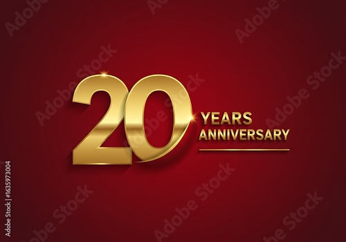 Photo of golden number 20 with text 20 years anniversary on a dark red background, luxury celebration design