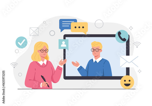 Vector art of two people communicating online through a computer screen, with chat bubbles and icons representing communication and connection, symbolizing virtual meetings and business collaboration