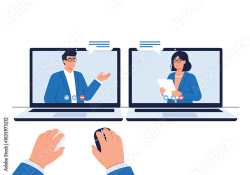 Vector art of two people having an online business meeting on separate laptops, with hands using a computer mouse in the foreground, illustrating remote collaboration and digital communication