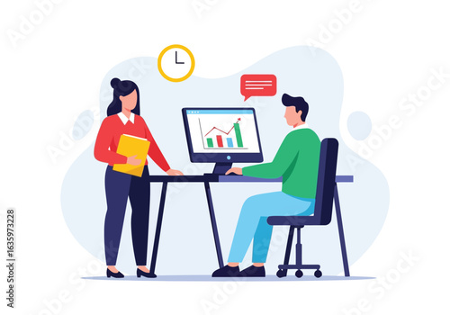 Vector art of two business people in an office discussing a chart on a computer screen, representing data analysis, teamwork, and business strategy discussion