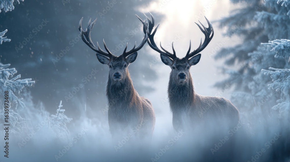 Naklejka premium Two majestic deer stand in a winter wonderland.