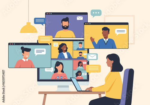 Vector art of woman attending a video conference meeting on a computer screen with multiple participants, engaging in online communication and remote team collaboration for business