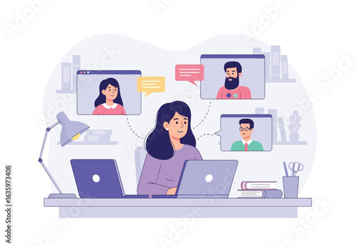 Vector art of woman participating in an online video conference meeting with multiple people, discussing and communicating virtually for remote team collaboration and business connection