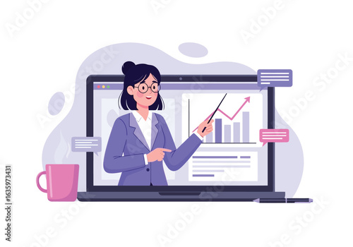 Vector art of businesswoman giving online presentation with charts and graphs on laptop screen, isolated on white background
