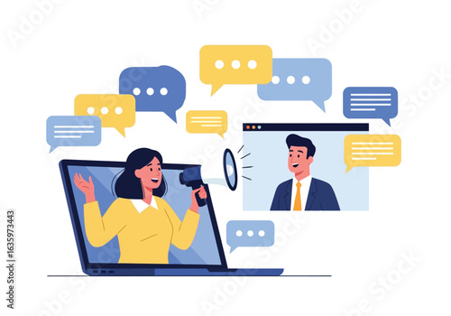 Vector art of woman using megaphone on laptop for online marketing and communication, sharing message with others, isolated on white background