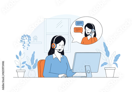 Vector art of customer service agent with headset working on computer, communicating with client, illustration, isolated on white background